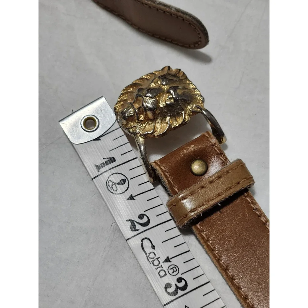 Vintage Anne Klein Calderon Leather Belt Gold Lion Head Buckle Medium Brown Tan